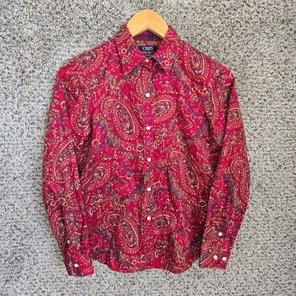 Chaps Top Womens PS Petite Small Red Paisley Print Button‎ Up Cotton Casual - Picture 1 of 7